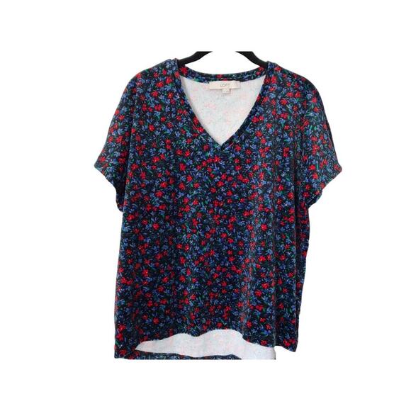 Loft Womens Top Size M Red Blue Floral Velvet V-neck Short Sleeve Hi Low Blouse - Picture 1 of 9